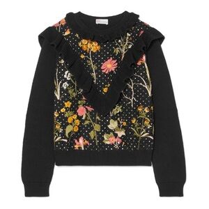 RED Valentino Floral Embroidered Ruffle Trim Sweater (Sz S) Cotton Black